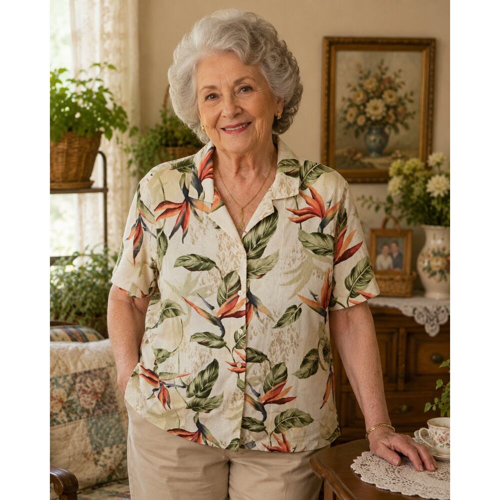 Alfred Dunner Tropical Bird of Paradise Button Down Blouse 12 Coastal Grandma